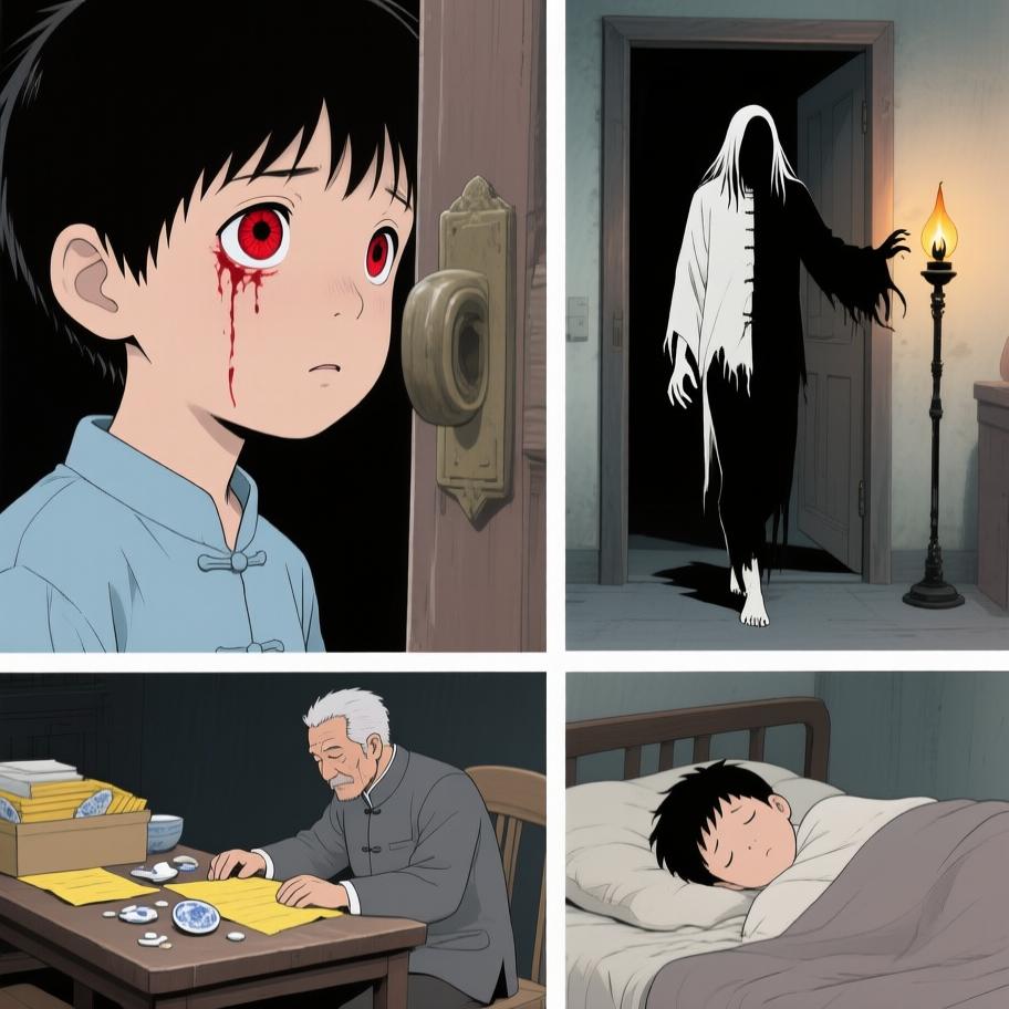 第1章:西屋的绿火与炕沿下的眼珠
我爷在打了人后若无其事带我回家并教我‘有本事能收回惹的祸’，夜里我看到他在西屋用七个白瓷盅和黄纸做法事，盅爆裂、酒流下炕沿，被一个披发、指甲乌黑的影人跪着捧酒喝去；几天后对方家人来跪求，献上黄纸祭品被我爷收下，却扔进仓房并炖了吃。我趁我爷出门偷看箱子，误用御神盅点灯油引发绿火与邪影袭来，最后我昏厥被我爷训斥，揭示我把尿撒进敬神壶冒犯了更大的神灵。 - 图片6