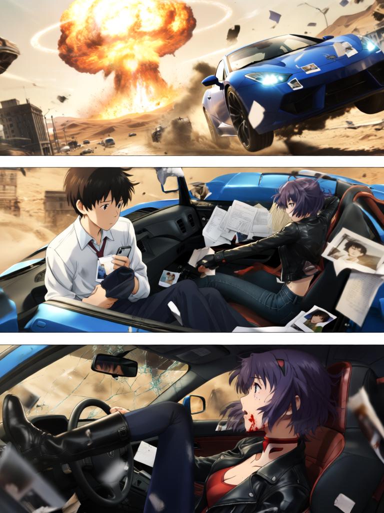 第3章:碎片与救赎的天使圈
空对地导弹射向使徒，却被看不见的屏障挡在前方，使徒反击，战机残骸四散。飞来的碎片朝街头冲来，紫发女子驾车及时横挡救下少年并带他逃离。途中国防部投放的N2地雷引发巨大爆炸，少年被冲击击晕，紫发女子焦急呼喊。 - 图片10