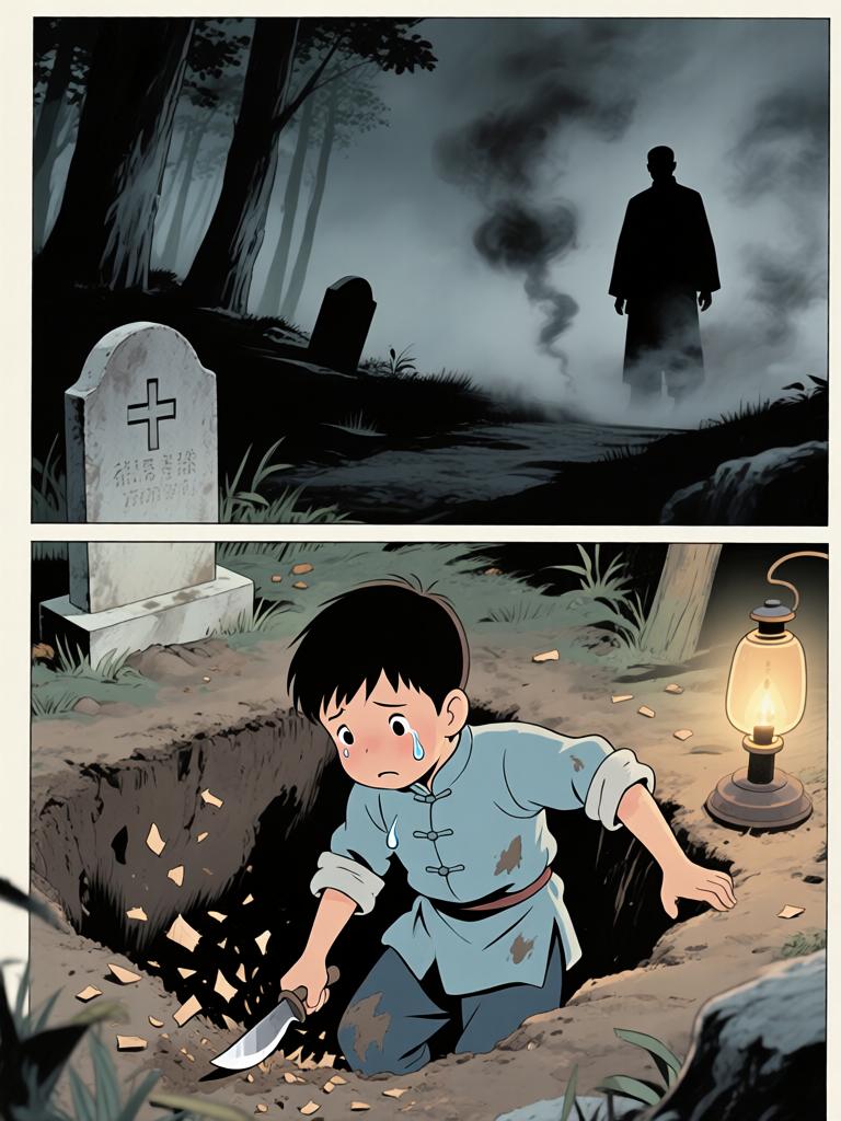 第3章:崖下的坟与承诺
我爷在深山里向我交代万一之事，叮嘱我要在二十四岁回来复仇，并教我如何在他可能牺牲时应对即将从坟中出现的东西。寒风、爆破和白布灯笼构成了这一夜的仪式，我在恐惧中被反复逼着记住每一句话。最后，火堆旁的钟表与他凝固的表情，把等待与不确定拉得更长。 - 图片17