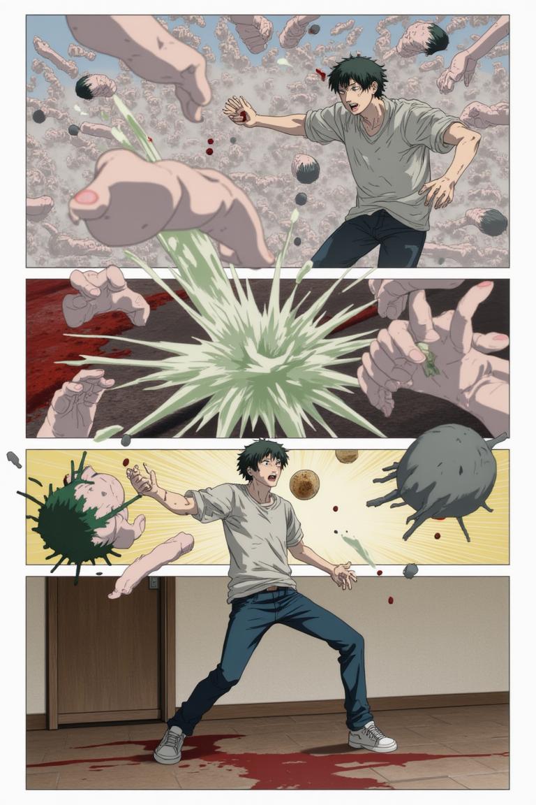 第3章:Two Devils, One Eye
Surrounded by a writhing horde and a towering corpse-mountain, Shisan's two contracted devils manifest: a green, regenerative aura and a colossal crimson claw. He pays the price—losing his right eye—to summon the claw and lashes out, mowing down hordes, but the Zombie Demon bites the claw and retaliates, leaving Shisan wounded and the true fight beginning. Blood, tooth, and smoke set the stage for a desperate duel: Shisan's fury versus the zombified boss that led him into the trap. - 图片11