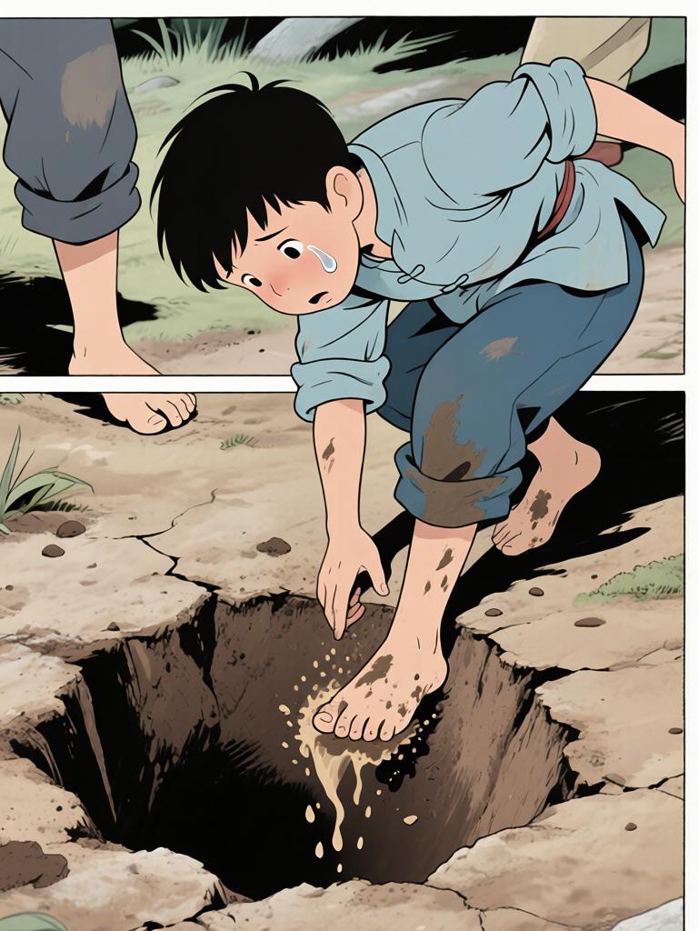 第5章:井底的回魂
野子被我爷放在洞口，用灯笼阻挡外物，他独自下到山洞里寻找命心子。在土台的土坑里挖土时，身后出现熟悉又陌生的声音，逼他回忆起三年前那段模糊又恐怖的记忆。对方宣称当年将他“掐死”，并告诉他脚下埋着当年死时穿的衣服，诱使他继续挖探真相——就在他挖出布片的一瞬，彻底的恐惧袭来，故事推向悬念。 - 图片14