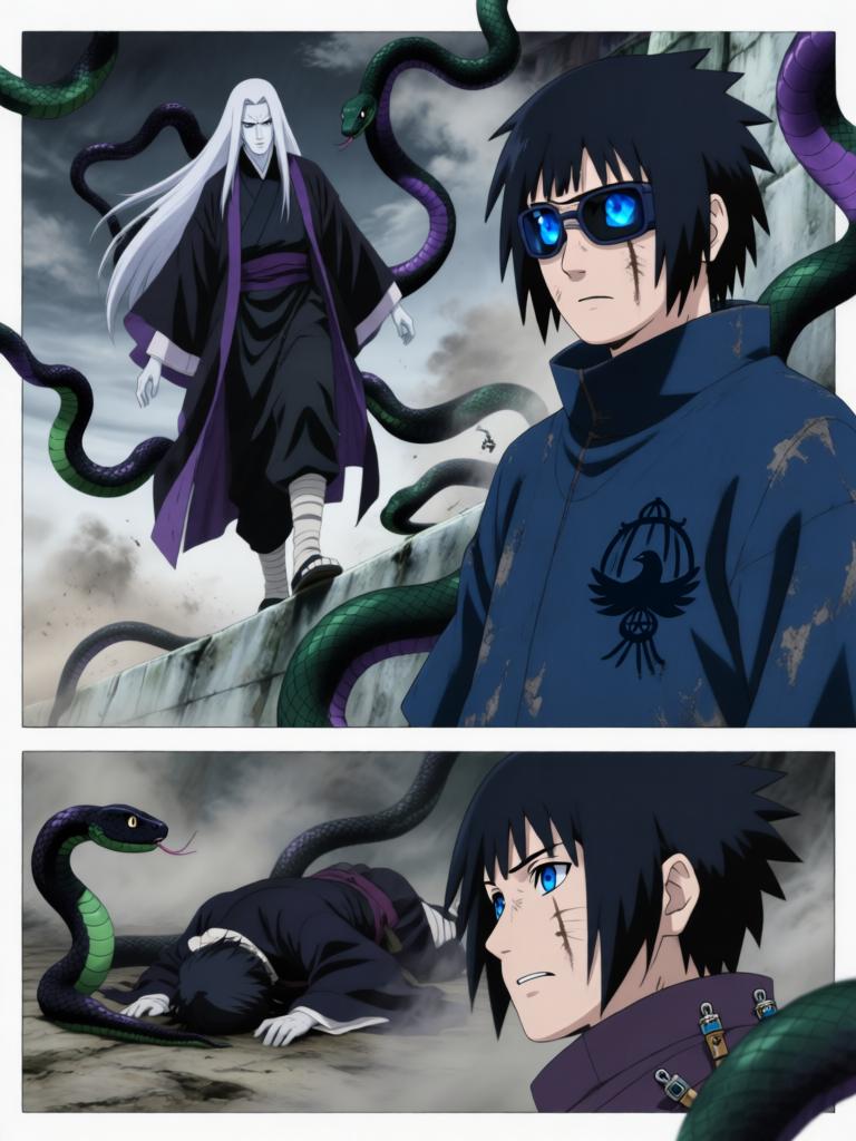 第5章:铁砂之舞与断线的假面
日向镜用轮转如意试图吸来赤砂之蝎，本以为能以此扭转劣势，结果吸来的竟是三代风影的人傀儡，查克拉线被扯断。傀儡自爆与漫天铁砂令沙场大乱，赤砂之蝎借机施展更多机关，局势危急。危急时刻，大蛇丸现身打断战局，蝎趁乱撤退，日向镜在硝烟中守住了三代风影的秘密，但新的威胁与谜题浮现。 - 图片17