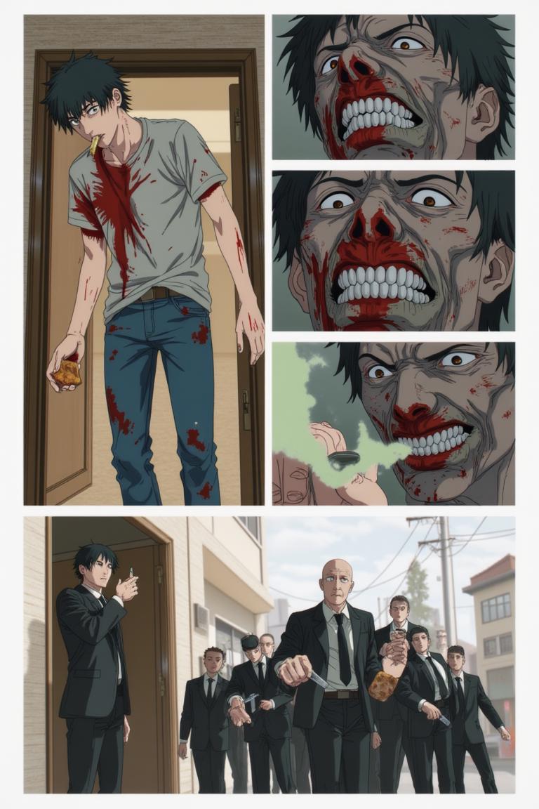 第2章:Debt, Deception, and the Corpse Mountain
Shisan, a starving teenage demon hunter, is hauled into a black-suited crime boss's convoy and learns he's enslaved by a thirty-million debt. Lured into the countryside under the promise that a powerful beast will wipe away half his debt, Shisan and the gang find an apparently haunted, empty house where the boss's men suddenly turn on him. Surrounded by zombified hunters and a towering mound of corpses, Shisan is overwhelmed by a crimson claw — the setup reveals he was led into a trap to be consumed by the very 'zombie demon' he hunted. - 图片8