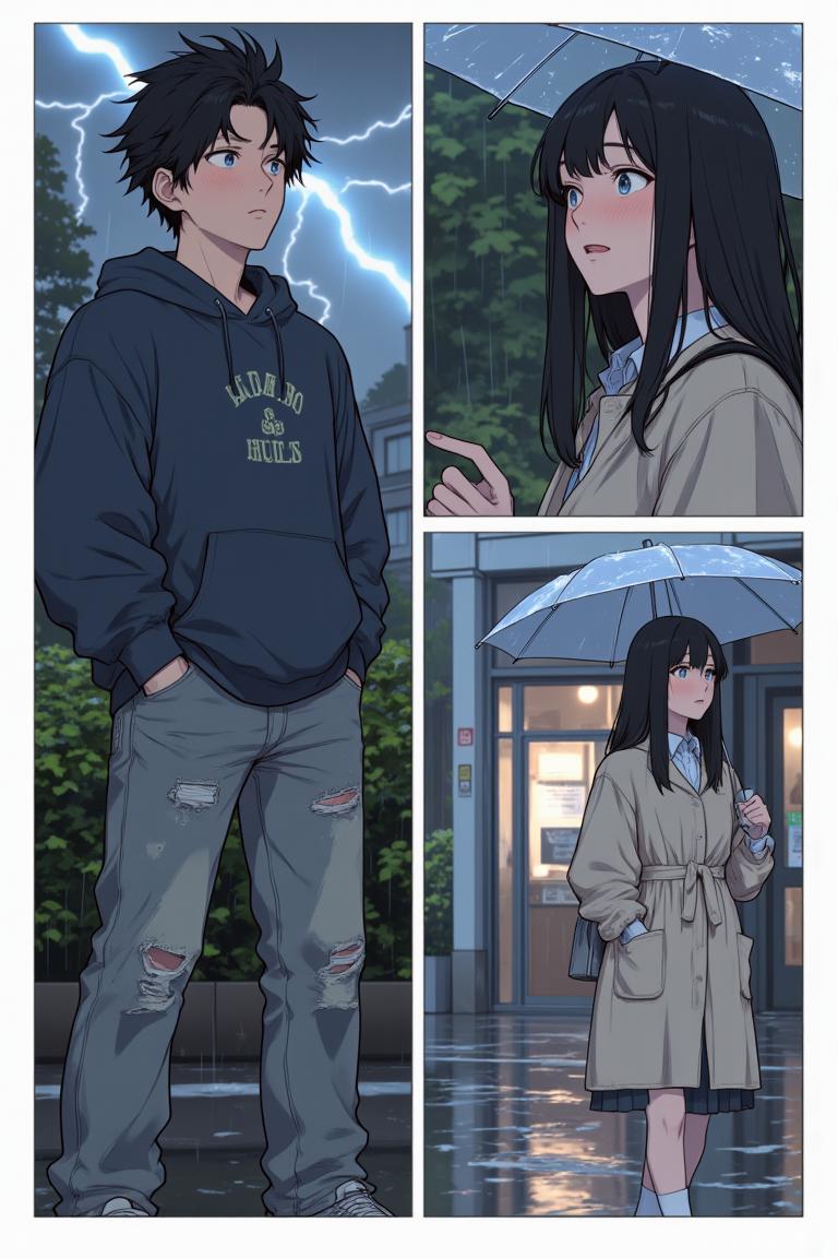 第2章:Rain, Lightning and an Unexpected Meet-cute
Luo Ye leaves the library into a sudden downpour and sees senior Su Baizhou rush out in the rain. He offers her his umbrella; lightning reveals her unexpected fear of thunder. They take shelter, fumble through awkward conversation, and discover via phones that they are linked through mutual acquaintances — turning an ordinary rain delay into a memorable first meeting. - 图片7