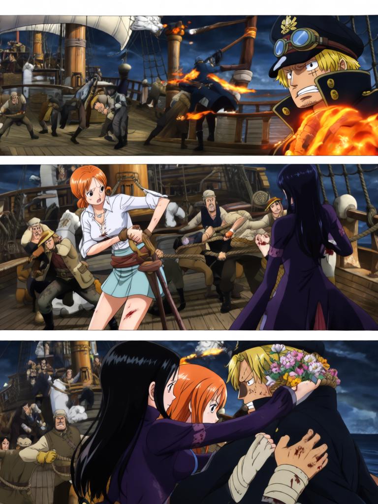 第17章:刀尖与影子：终焉前的搏斗
时间凝固，舵影扯向路飞，娜美与罗宾为了草帽与他的生命拼尽全力。面具人举刀欲献祭，幽蓝符文与甲板上的空气撕裂。就在刀尖将落下时，一个意想不到的影子掠过，打断了瞬间，也将战局推向更深的未知。 - 图片14