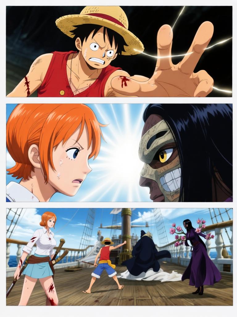 第7章:舵影之下的承诺
幽蓝符文从舵影爬下，甲板在力量下濒临撕裂，路飞被符文与锁链束缚。娜美与罗宾同时扑上，争夺草帽与救援路飞，三人间在危机中迸发出复杂的情感与决心。面具下的陌生熟面现身，宣告“D”的继承者将被揭晓，故事在刀刃和手指即将触碰的一刻定格，下一秒将改变一切。 - 图片20