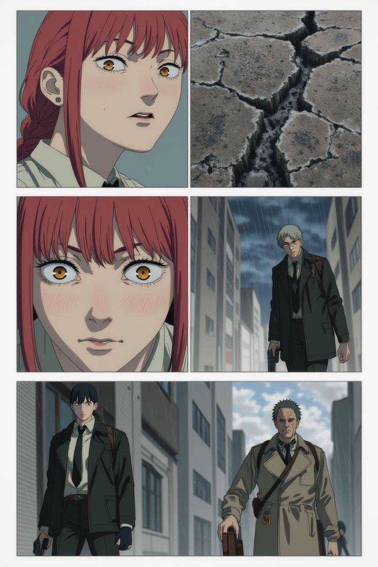 第1章:Names in the Rain
Makima and her team investigate an apartment block where people have been mysteriously forgotten. A young hunter, Sato, whose name was once taken, fights the shadow that erases memory while Makima seeks to reassert control by 'renaming' the world. An old rival or ally appears with a counterproposal—forcing a collision of contracts that will decide who claims the right to remember. - 图片14