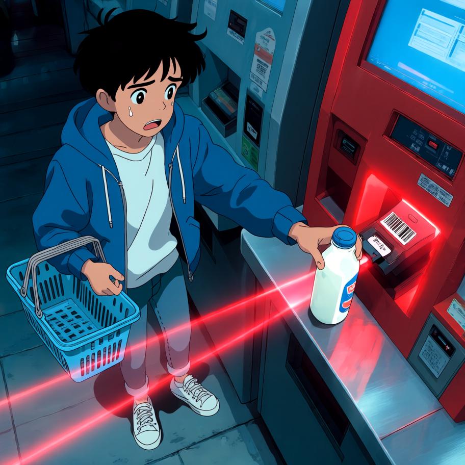 小王在超市排长队结账，发现无人排队的自助结账机后兴奋尝试，却连续扫码失败并触发警报，引来围观。保安介入轻松解决，他尴尬离开；出门时警报再次响起，袋中探出一只偷偷钻进去的猫，留下幽默的反转与悬念。 - 图片5