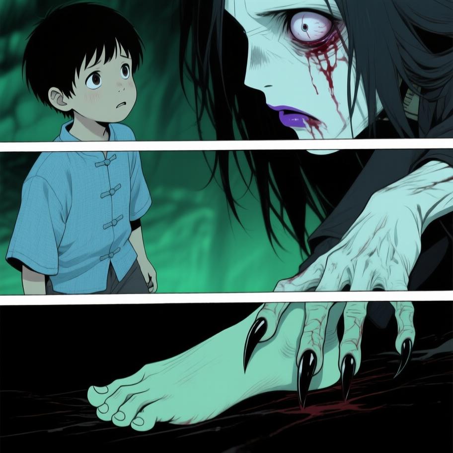 第1章:西屋的绿火与炕沿下的眼珠
我爷在打了人后若无其事带我回家并教我‘有本事能收回惹的祸’，夜里我看到他在西屋用七个白瓷盅和黄纸做法事，盅爆裂、酒流下炕沿，被一个披发、指甲乌黑的影人跪着捧酒喝去；几天后对方家人来跪求，献上黄纸祭品被我爷收下，却扔进仓房并炖了吃。我趁我爷出门偷看箱子，误用御神盅点灯油引发绿火与邪影袭来，最后我昏厥被我爷训斥，揭示我把尿撒进敬神壶冒犯了更大的神灵。 - 图片15