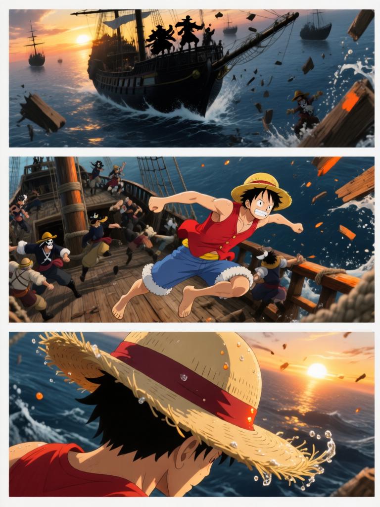 第4章:夕阳下的撕扯——草帽、誓言与引路的罗盘
千阳号被黑色舰队撞击，路飞被抛起并失去行动能力；娜美与罗宾并肩拆除抑制装置，两人因抢救草帽与路飞发生激烈拉扯；旗舰将三人吞入舱口，草帽留在甲板上，海心罗盘指向更远的谜题，娜美与罗宾立誓要把他们带回。 - 图片1