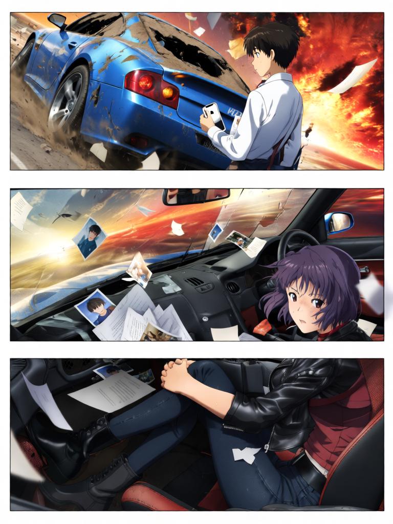 第3章:碎片与救赎的天使圈
空对地导弹射向使徒，却被看不见的屏障挡在前方，使徒反击，战机残骸四散。飞来的碎片朝街头冲来，紫发女子驾车及时横挡救下少年并带他逃离。途中国防部投放的N2地雷引发巨大爆炸，少年被冲击击晕，紫发女子焦急呼喊。 - 图片11