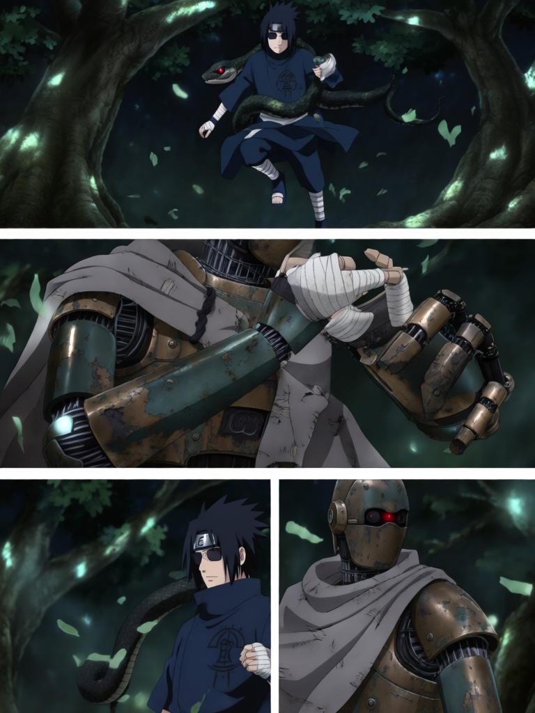 第7章:毁尸与戏码
日向镜在空中果断投掷起爆苦无，将三井中一的尸体炸得七零八落，以断绝赤砂之蝎借尸索索身份线索。回到哨所前，他将三代风影人傀儡伪装成追杀者演出受伤逃回的戏码，引出哨所内人的疑虑与恐惧。尽管暂时掩人耳目，日向镜与哨所同伴意识到更深层的威胁，怀疑有人来自根部，追击与内部裂痕的阴影尚未散去。 - 图片6