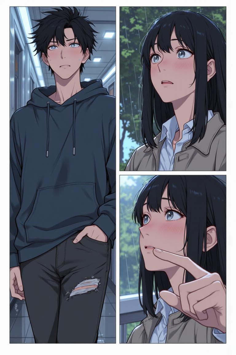 第2章:Rain, Lightning and an Unexpected Meet-cute
Luo Ye leaves the library into a sudden downpour and sees senior Su Baizhou rush out in the rain. He offers her his umbrella; lightning reveals her unexpected fear of thunder. They take shelter, fumble through awkward conversation, and discover via phones that they are linked through mutual acquaintances — turning an ordinary rain delay into a memorable first meeting. - 图片9