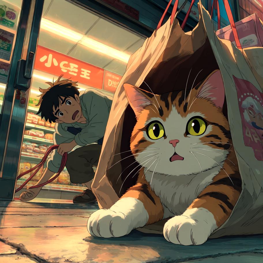 小王在超市排长队结账，发现无人排队的自助结账机后兴奋尝试，却连续扫码失败并触发警报，引来围观。保安介入轻松解决，他尴尬离开；出门时警报再次响起，袋中探出一只偷偷钻进去的猫，留下幽默的反转与悬念。 - 图片13