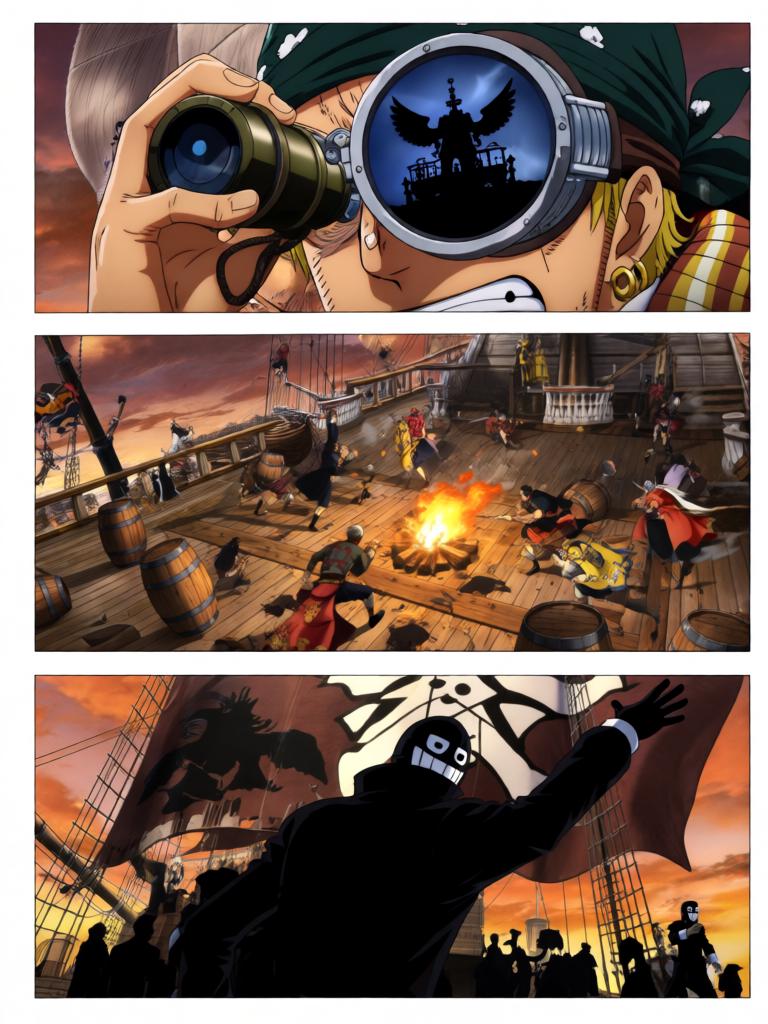 第2章:千阳号的呼救：黑翼罗盘与两位守护者
黑色舰队突然撞向千阳号，路飞被抛起，娜美与罗宾同时伸手相救，触碰之际情感流动。敌方暴露他们要“D”的血作为钥匙，放出能抑制橡胶能力的黑色网。娜美与罗宾放下争执并肩拆除抑制装置，路飞怒吼迎敌，海心罗盘指针直指他胸口，旗舰下令：把他带上船来。 - 图片3