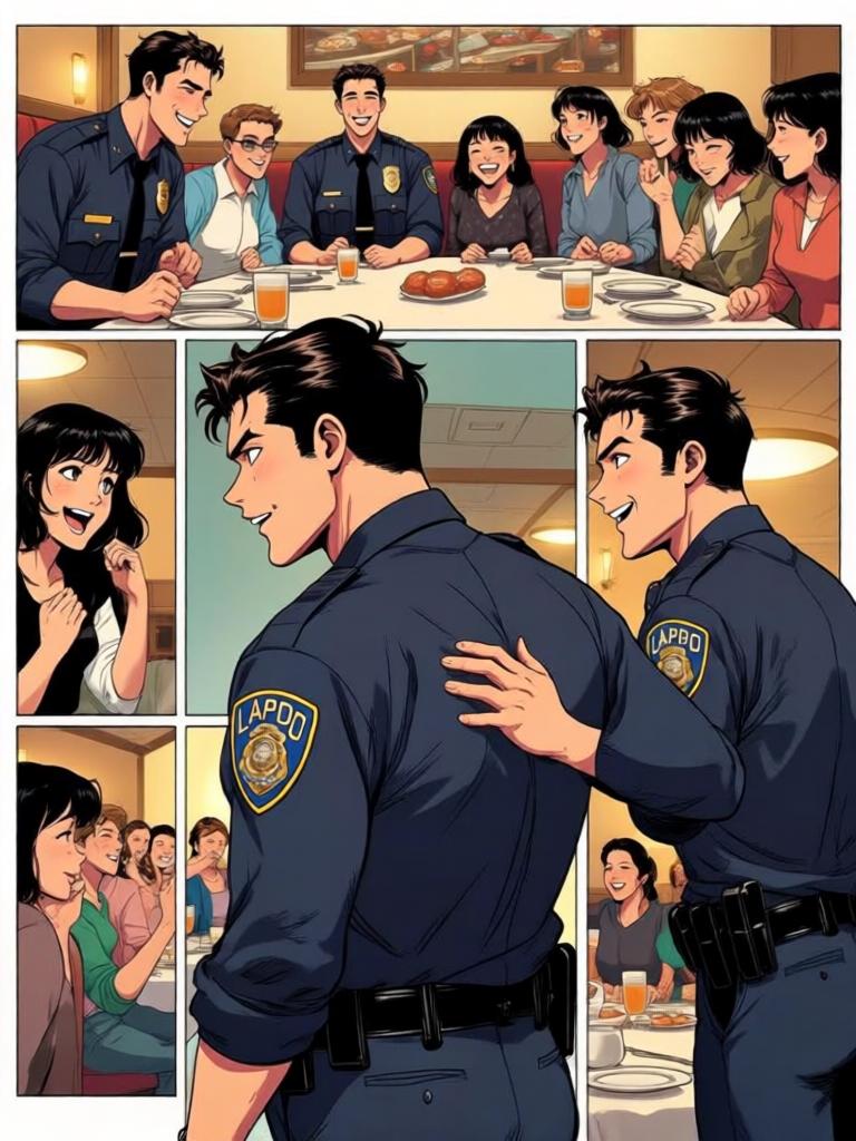 第7章:午餐时光：Code 7 的笑声与警徽
洛克与搭档大卫在墨西哥快餐店用午餐，和同事们拼桌。大家围绕上午的无线电乌龙笑成一团，莫娜警司严肃提醒“乌鸦嘴”的危险。气氛在训斥与打趣之间反复，直到兰迪二人登场用老梗彻底点燃笑声。 - 图片9