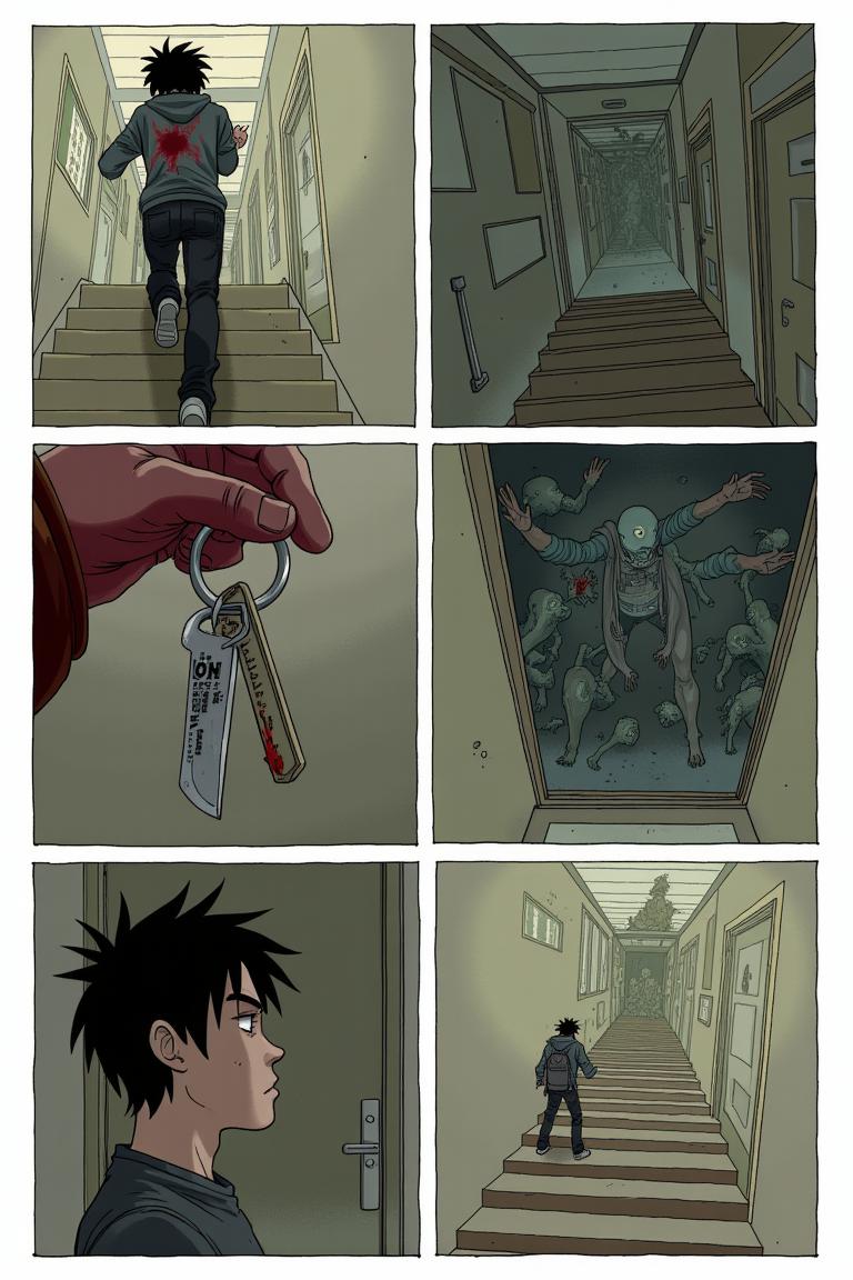 第9章:Upstairs Breath
Jiang Yi recognizes the hulking ascended zombie from the canteen massacre — the corpse whose dropped corpse-core he stole. Trapped in the guard room, he flees upstairs as zombies pound the windows and stairwells, barely holding on when a sudden female zombie ambushes him on the fourth floor. Just as he thinks to finish it, the dormitory door nearby is violently breached, forcing him to run to the fifth floor, heart pounding and hope thinning. - 图片9