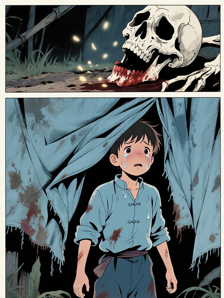 第5章:井底的回魂
野子被我爷放在洞口，用灯笼阻挡外物，他独自下到山洞里寻找命心子。在土台的土坑里挖土时，身后出现熟悉又陌生的声音，逼他回忆起三年前那段模糊又恐怖的记忆。对方宣称当年将他“掐死”，并告诉他脚下埋着当年死时穿的衣服，诱使他继续挖探真相——就在他挖出布片的一瞬，彻底的恐惧袭来，故事推向悬念。 - 图片16