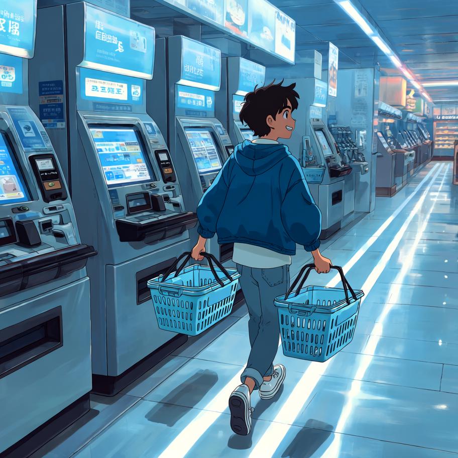 小王在超市排长队结账，发现无人排队的自助结账机后兴奋尝试，却连续扫码失败并触发警报，引来围观。保安介入轻松解决，他尴尬离开；出门时警报再次响起，袋中探出一只偷偷钻进去的猫，留下幽默的反转与悬念。 - 图片4