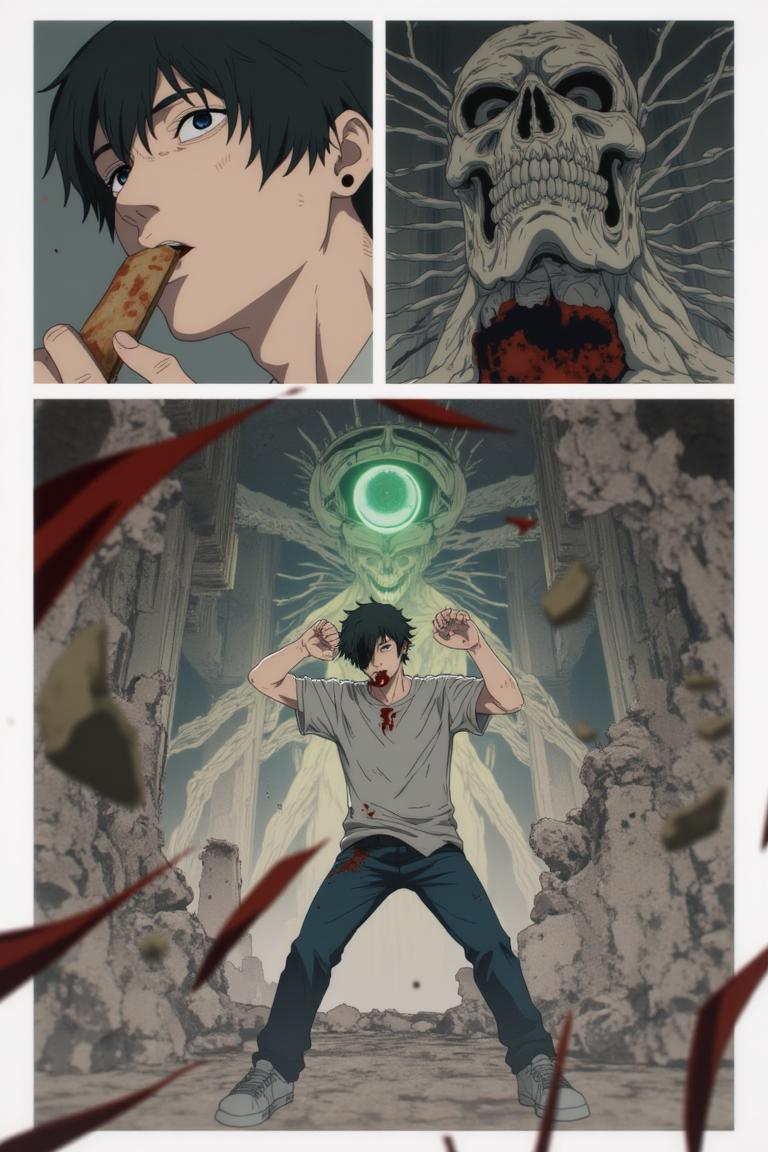 第4章:Red Maw, Green Remedy
Shisan is slammed and trapped by the flexible, brutal arms of the Zombie Demon as his regenerative Viridian Devil struggles to keep him whole. The Claw Devil and the Gluttony (Famine) Devil intervene in a savage ballet of tearing flesh and roaring hunger, turning the fight into an all-consuming purge. Exhausted and half-destroyed, Shisan collapses unconscious — only to be cradled and prodded awake by a calm woman with a braid who calls herself Makima. - 图片4