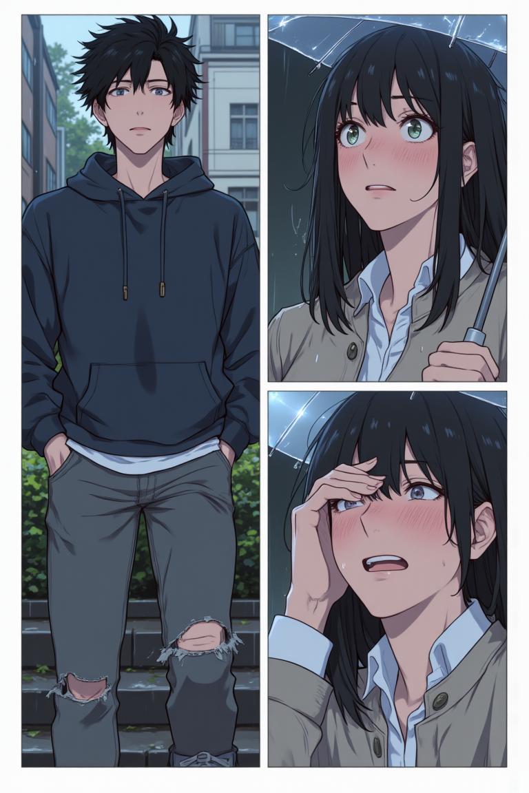 第2章:Rain, Lightning and an Unexpected Meet-cute
Luo Ye leaves the library into a sudden downpour and sees senior Su Baizhou rush out in the rain. He offers her his umbrella; lightning reveals her unexpected fear of thunder. They take shelter, fumble through awkward conversation, and discover via phones that they are linked through mutual acquaintances — turning an ordinary rain delay into a memorable first meeting. - 图片4