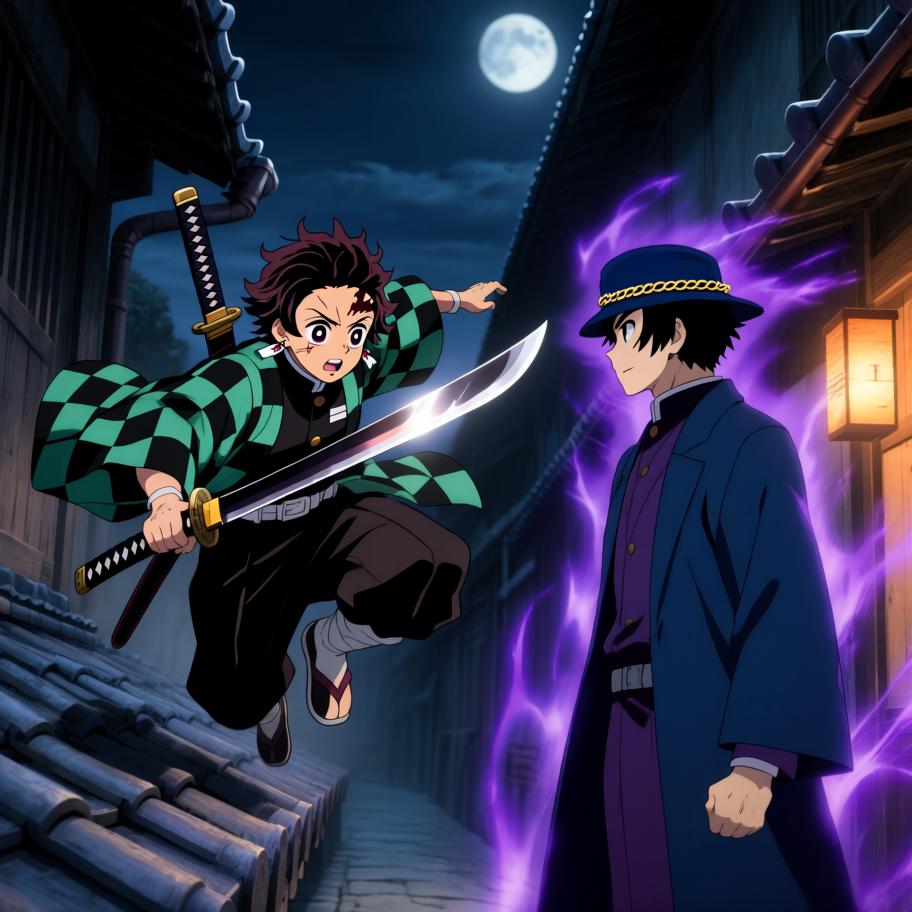 空洞的时空裂缝将《JOJO》中的乔鲁诺/承接者般的硬汉（以空条承太郎风格呈现）抛入《鬼灭之刃》的大正乡村。原本只想寻找回去的方法，却在月夜中遇到突袭村庄的鬼与正在奋战的剑士（炭治郎）。两人从误解到并肩作战，乔的替身介入以惊艳的力量拯救了被感染的孩童，但战后留下了不明的痕迹——一个更大的威胁正在盯上这个异乡来客，片段以悬念收尾。 - 图片5