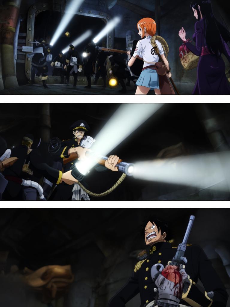 第5章:舵影之下的回归
舱内三人被束缚，敌方准备以草帽与“D”的血发动古老仪式。娜美与罗宾合力突围，将草帽试图戴回路飞，海心罗盘爆发幽蓝光芒唤醒海上的巨大舵影。舵影浮现，三人面对古老力量并肩应战，真相与毁灭的边缘一触即发。 - 图片7