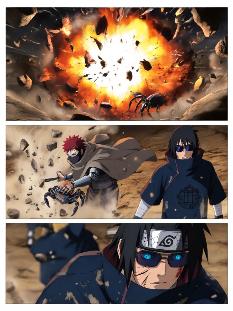 第5章:铁砂之舞与断线的假面
日向镜用轮转如意试图吸来赤砂之蝎，本以为能以此扭转劣势，结果吸来的竟是三代风影的人傀儡，查克拉线被扯断。傀儡自爆与漫天铁砂令沙场大乱，赤砂之蝎借机施展更多机关，局势危急。危急时刻，大蛇丸现身打断战局，蝎趁乱撤退，日向镜在硝烟中守住了三代风影的秘密，但新的威胁与谜题浮现。 - 图片4