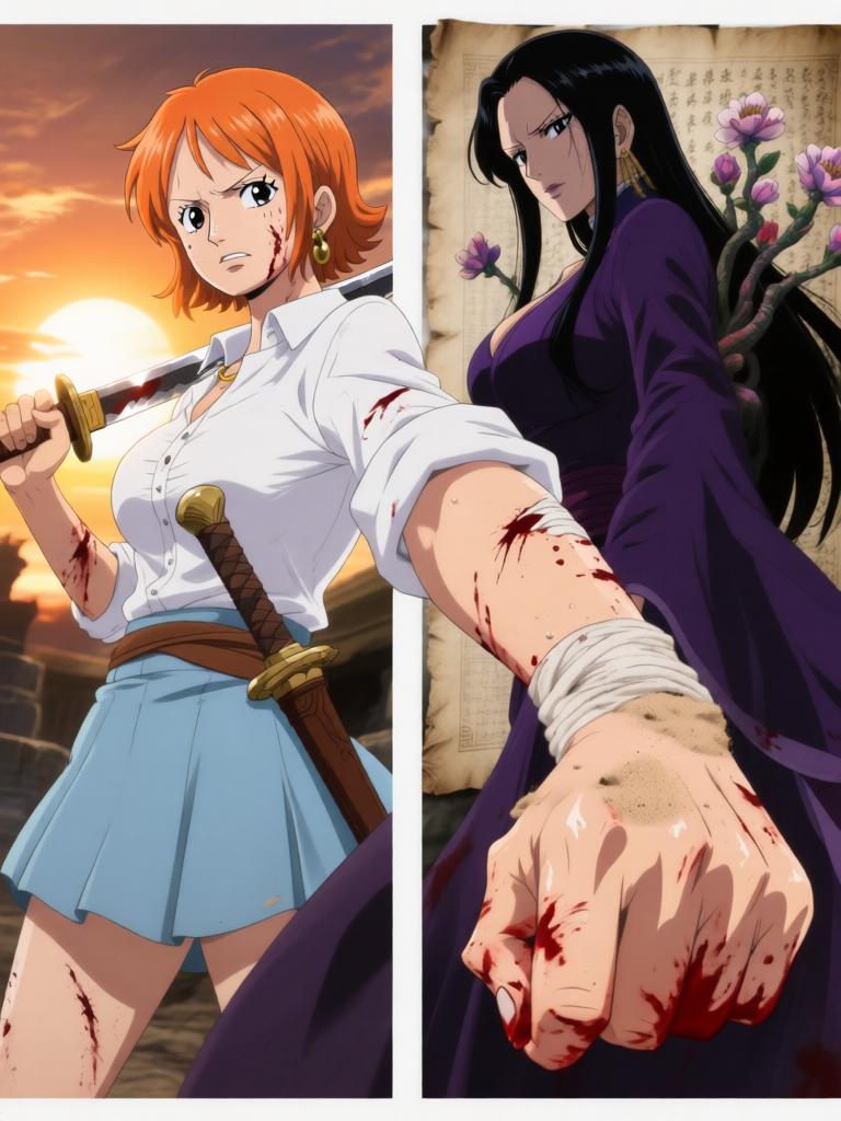 第7章:舵影之下的承诺
幽蓝符文从舵影爬下，甲板在力量下濒临撕裂，路飞被符文与锁链束缚。娜美与罗宾同时扑上，争夺草帽与救援路飞，三人间在危机中迸发出复杂的情感与决心。面具下的陌生熟面现身，宣告“D”的继承者将被揭晓，故事在刀刃和手指即将触碰的一刻定格，下一秒将改变一切。 - 图片4