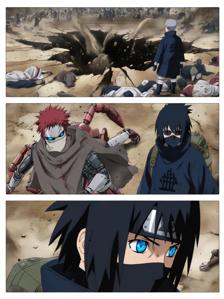 第4章:戈壁剧场：赤砂之蝎的邀约
日向镜与三井中一来到空旷接头点，远处一名裹斗篷的陌生人旁躺着几具砂忍尸体。陌生人揭下面罩，自称赤砂之蝎，现场氛围骤然恶化，沙堆中隐藏的傀儡悄然蠢动。战斗一触即发，日向镜凭借转生眼与轮转如意暂时应对，但埋伏远比想象更深，剧情以巨响与危机为结尾。 - 图片18