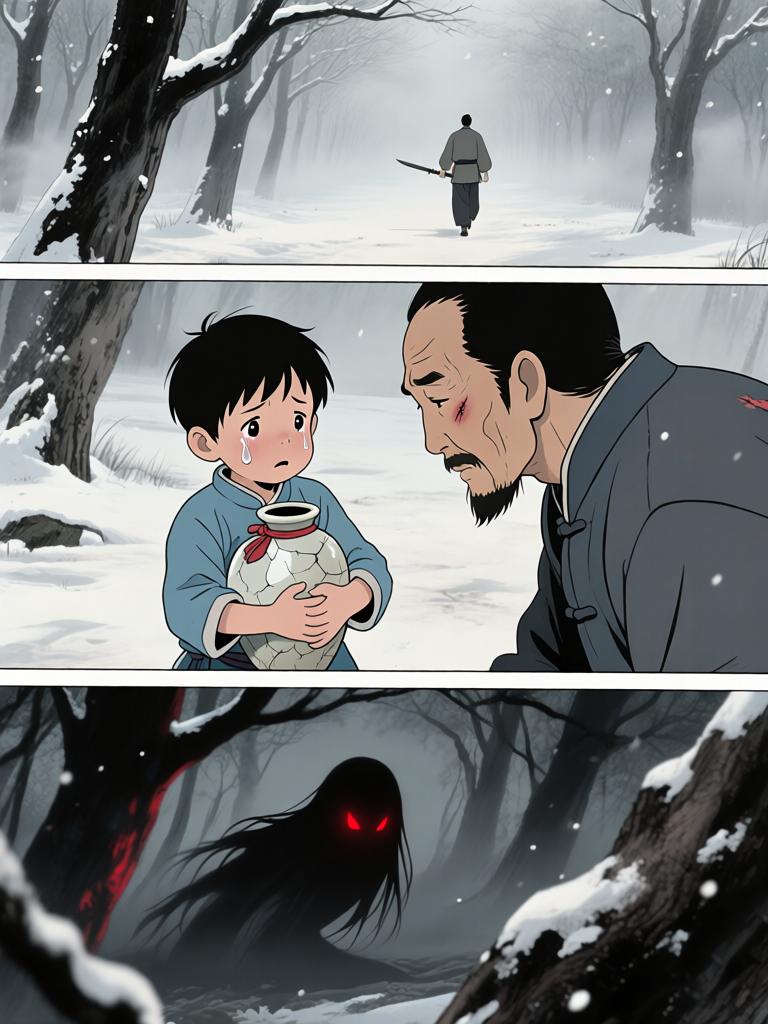 第2章:十二岁的路口
我爷把野子锁进红木箱，独自出门迎战来袭的邪影。回来时满身血色他说出了家的来历、太爷的遭遇与逼近的期限——野子要在十二岁那年上山用御神酒断祸。离别前，爷交代了箱中钱信与赴京寻人的地址，嘱咐若他死，要带箱子逃生并二十四岁再回来复仇。 - 图片17