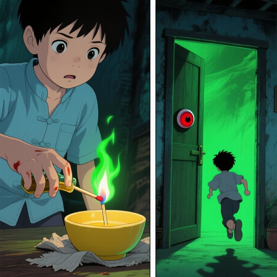 第1章:西屋的绿火与炕沿下的眼珠
我爷在打了人后若无其事带我回家并教我‘有本事能收回惹的祸’，夜里我看到他在西屋用七个白瓷盅和黄纸做法事，盅爆裂、酒流下炕沿，被一个披发、指甲乌黑的影人跪着捧酒喝去；几天后对方家人来跪求，献上黄纸祭品被我爷收下，却扔进仓房并炖了吃。我趁我爷出门偷看箱子，误用御神盅点灯油引发绿火与邪影袭来，最后我昏厥被我爷训斥，揭示我把尿撒进敬神壶冒犯了更大的神灵。 - 图片12