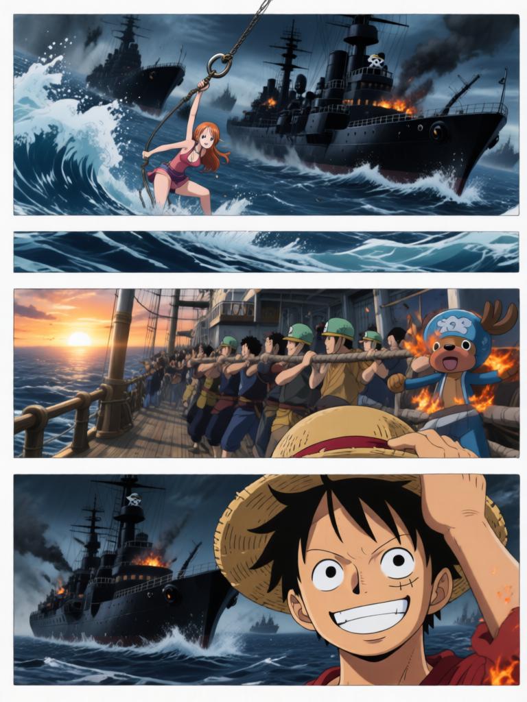 第2章:千阳号的呼救：黑翼罗盘与两位守护者
黑色舰队突然撞向千阳号，路飞被抛起，娜美与罗宾同时伸手相救，触碰之际情感流动。敌方暴露他们要“D”的血作为钥匙，放出能抑制橡胶能力的黑色网。娜美与罗宾放下争执并肩拆除抑制装置，路飞怒吼迎敌，海心罗盘指针直指他胸口，旗舰下令：把他带上船来。 - 图片19