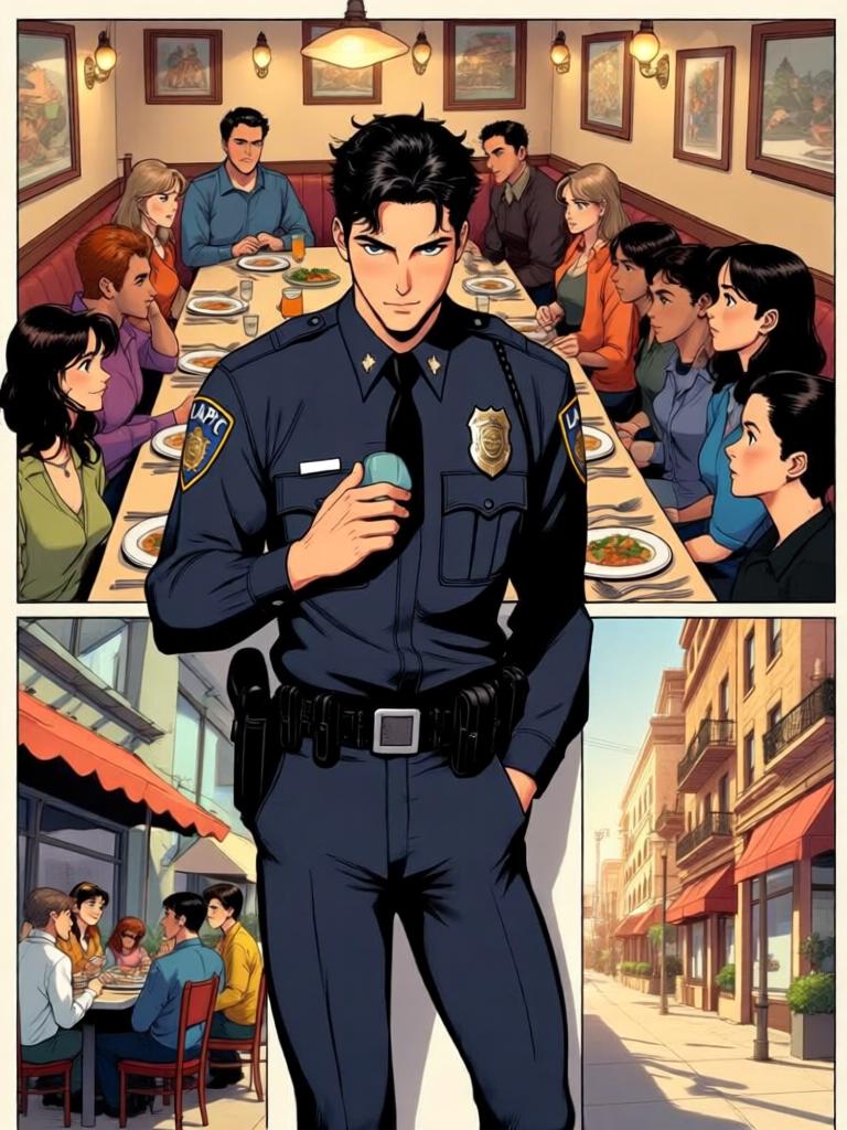 第7章:午餐时光：Code 7 的笑声与警徽
洛克与搭档大卫在墨西哥快餐店用午餐，和同事们拼桌。大家围绕上午的无线电乌龙笑成一团，莫娜警司严肃提醒“乌鸦嘴”的危险。气氛在训斥与打趣之间反复，直到兰迪二人登场用老梗彻底点燃笑声。 - 图片14