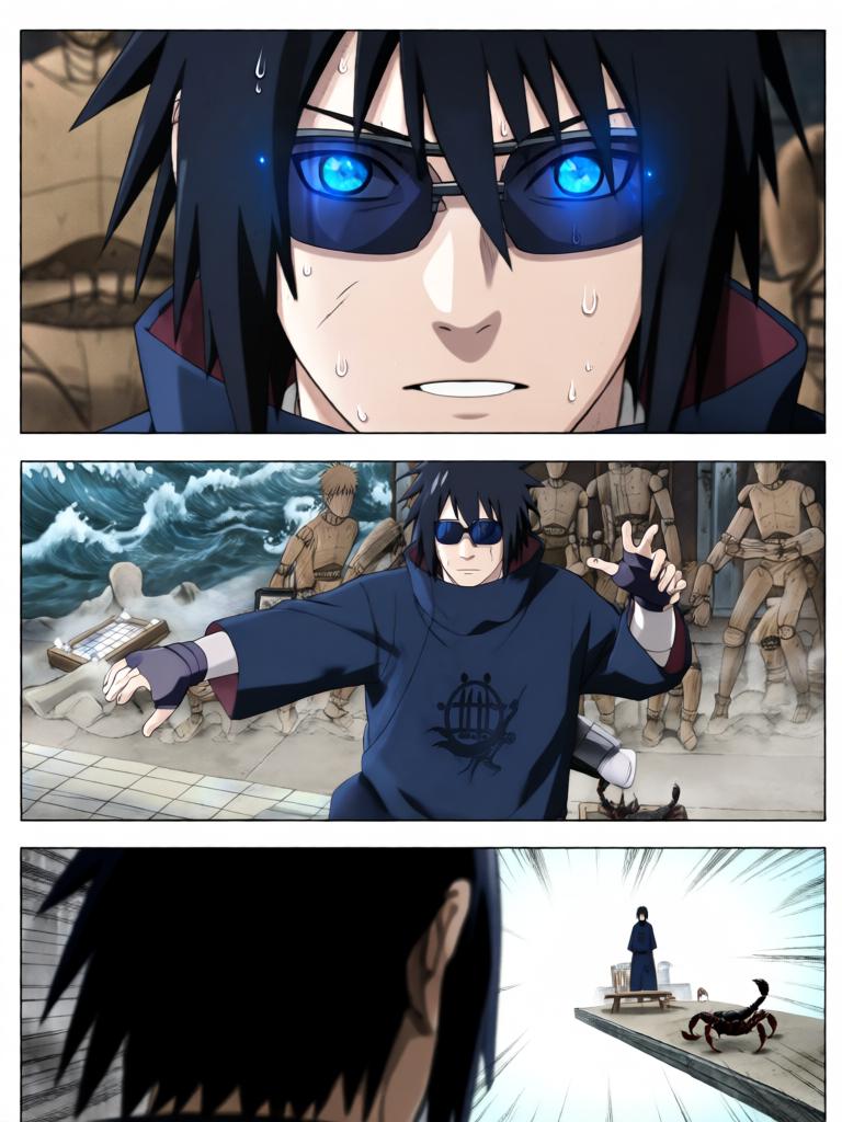 第4章:戈壁剧场：赤砂之蝎的邀约
日向镜与三井中一来到空旷接头点，远处一名裹斗篷的陌生人旁躺着几具砂忍尸体。陌生人揭下面罩，自称赤砂之蝎，现场氛围骤然恶化，沙堆中隐藏的傀儡悄然蠢动。战斗一触即发，日向镜凭借转生眼与轮转如意暂时应对，但埋伏远比想象更深，剧情以巨响与危机为结尾。 - 图片14