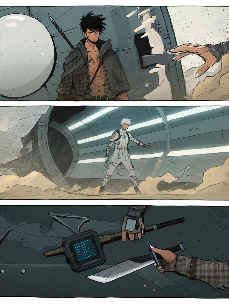 第5章:坠落与试炼
陆隐在城外的黑市以三颗能量晶体买到一张地图，并被赠予一颗珍贵药丸后前往城南荒山寻找线索。钟山顶层会议正在讨论扩张聚集地与损失，众人却被突如其来的天外流星打断。流星坠落形成巨坑，白色宇宙舱出现，一名白甲短发青年从舱中走出并对陆隐所在方向发动突袭，金陵城内外同时陷入混乱与战斗。 - 图片10