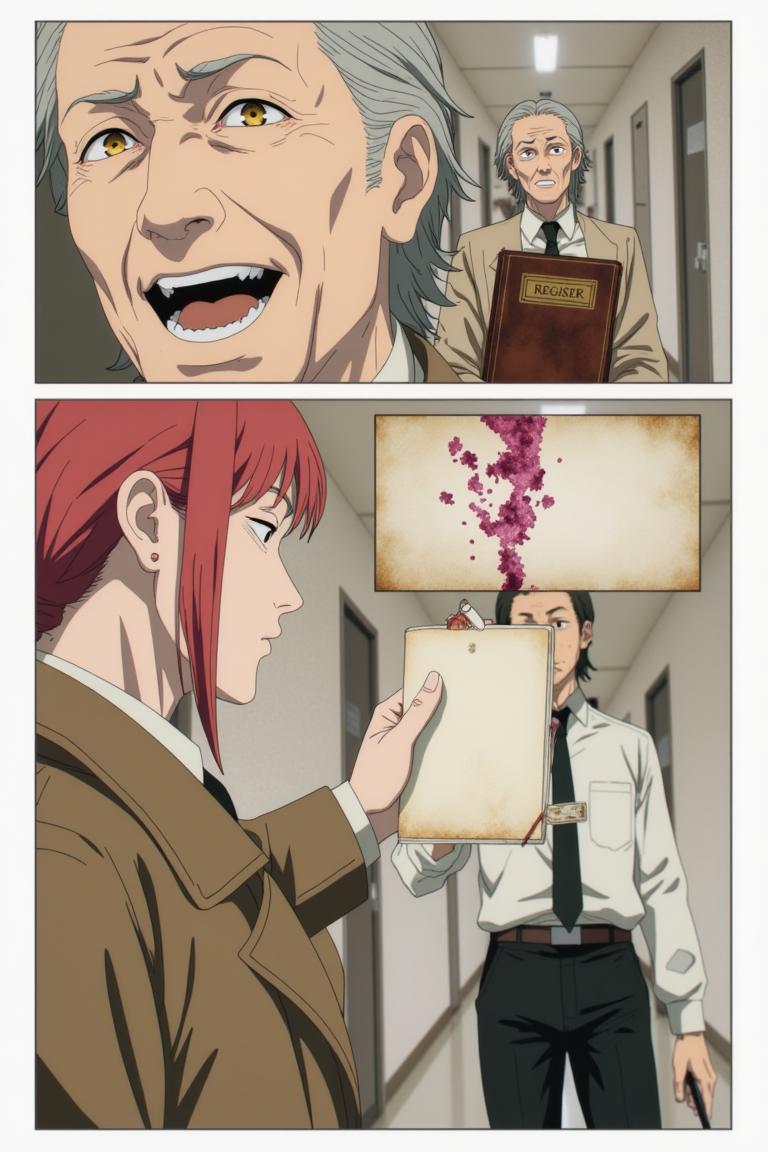 第3章:The Name Between Cracks
Torn fragments of names drift through a scarred apartment corridor as fractured memories stitch back crookedly. Sato refuses to become a 'tool' while Makima and Aoyama argue over whether naming is order, domination, or ledger-bound debt—an emergent memory-entity devours and reshapes recollection. Makima tests a dangerous middle path, reaching into the memory mass as footsteps and a slammed door promise an immediate, bloody decision about who will name the world. - 图片10