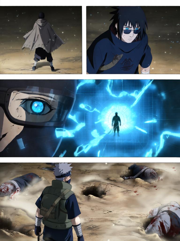 第4章:戈壁剧场：赤砂之蝎的邀约
日向镜与三井中一来到空旷接头点，远处一名裹斗篷的陌生人旁躺着几具砂忍尸体。陌生人揭下面罩，自称赤砂之蝎，现场氛围骤然恶化，沙堆中隐藏的傀儡悄然蠢动。战斗一触即发，日向镜凭借转生眼与轮转如意暂时应对，但埋伏远比想象更深，剧情以巨响与危机为结尾。 - 图片2