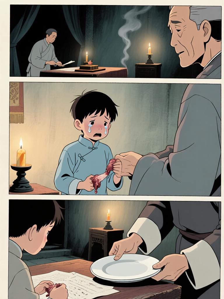 第6章:洞中的衣袖与夜叉的宴席
我在土里挖出当年丢失的新衣，背后冷笑催我继续翻掘。随着木屑与血迹暴露出一张被烫瞎的白眼人脸，灯笼一度熄暗又骤亮，黑影扑来，混乱中我咬下了温热的肉并昏厥。醒来在家中，爷身着白布与黑礼帽，端上煮肉与一根鲜红手指，告诉我吃下才能入门，从此我的命被钩进了不可名状的江湖。 - 图片18