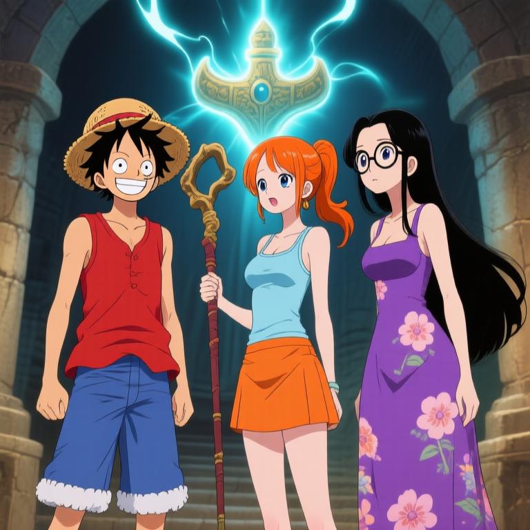 Nami and Robin are about to touch the glowing artifact in the hidden chamber. The air is thick with tension and excitement. Adventure awaits us! - 图片1