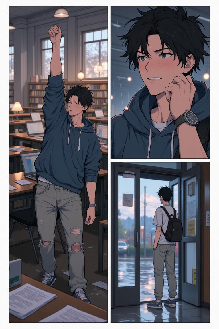 第2章:Rain, Lightning and an Unexpected Meet-cute
Luo Ye leaves the library into a sudden downpour and sees senior Su Baizhou rush out in the rain. He offers her his umbrella; lightning reveals her unexpected fear of thunder. They take shelter, fumble through awkward conversation, and discover via phones that they are linked through mutual acquaintances — turning an ordinary rain delay into a memorable first meeting. - 图片1