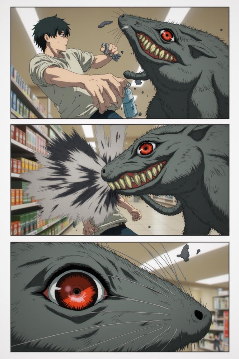 第1章:Aisle of the Rat Demon
A teenage freelance demon hunter, Shisan, wakes in a cramped apartment, hears a news report about demons, and goes out to buy instant noodles. A rat demon smashes into the convenience store — Shisan fights it off with reckless improvisation while his health pact heals him. As he lies bloodied, the looming gluttony demon briefly appears to devour the rat demon; an old boss calls with a new job offer. - 图片6