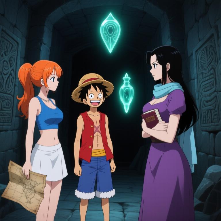 The atmosphere is electric in the hidden chamber as Nami and Robin debate touching the glowing artifacts. My heart races with excitement and apprehension. What awaits us in this ancient mystery? - 图片1