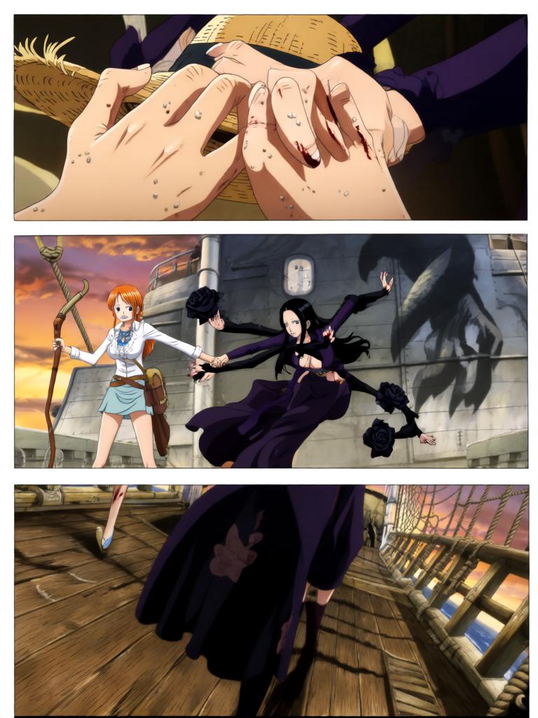 第4章:夕阳下的撕扯——草帽、誓言与引路的罗盘
千阳号被黑色舰队撞击，路飞被抛起并失去行动能力；娜美与罗宾并肩拆除抑制装置，两人因抢救草帽与路飞发生激烈拉扯；旗舰将三人吞入舱口，草帽留在甲板上，海心罗盘指向更远的谜题，娜美与罗宾立誓要把他们带回。 - 图片10