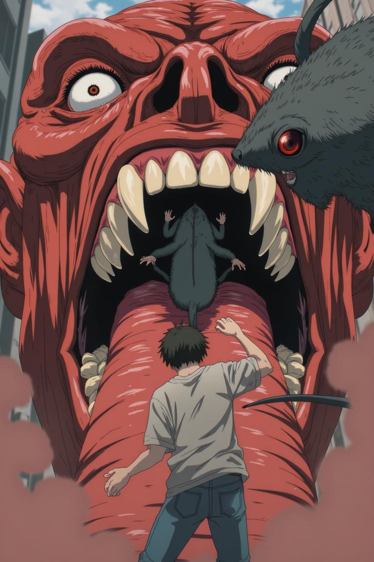 第1章:Aisle of the Rat Demon
A teenage freelance demon hunter, Shisan, wakes in a cramped apartment, hears a news report about demons, and goes out to buy instant noodles. A rat demon smashes into the convenience store — Shisan fights it off with reckless improvisation while his health pact heals him. As he lies bloodied, the looming gluttony demon briefly appears to devour the rat demon; an old boss calls with a new job offer. - 图片13