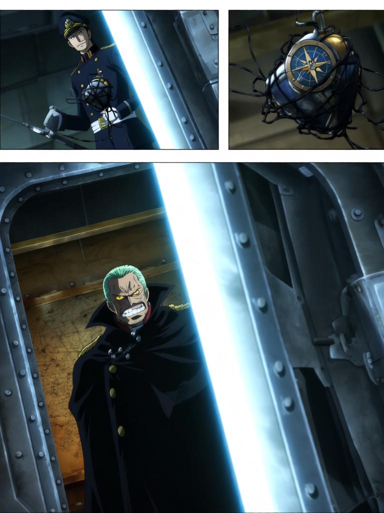 第5章:舵影之下的回归
舱内三人被束缚，敌方准备以草帽与“D”的血发动古老仪式。娜美与罗宾合力突围，将草帽试图戴回路飞，海心罗盘爆发幽蓝光芒唤醒海上的巨大舵影。舵影浮现，三人面对古老力量并肩应战，真相与毁灭的边缘一触即发。 - 图片3