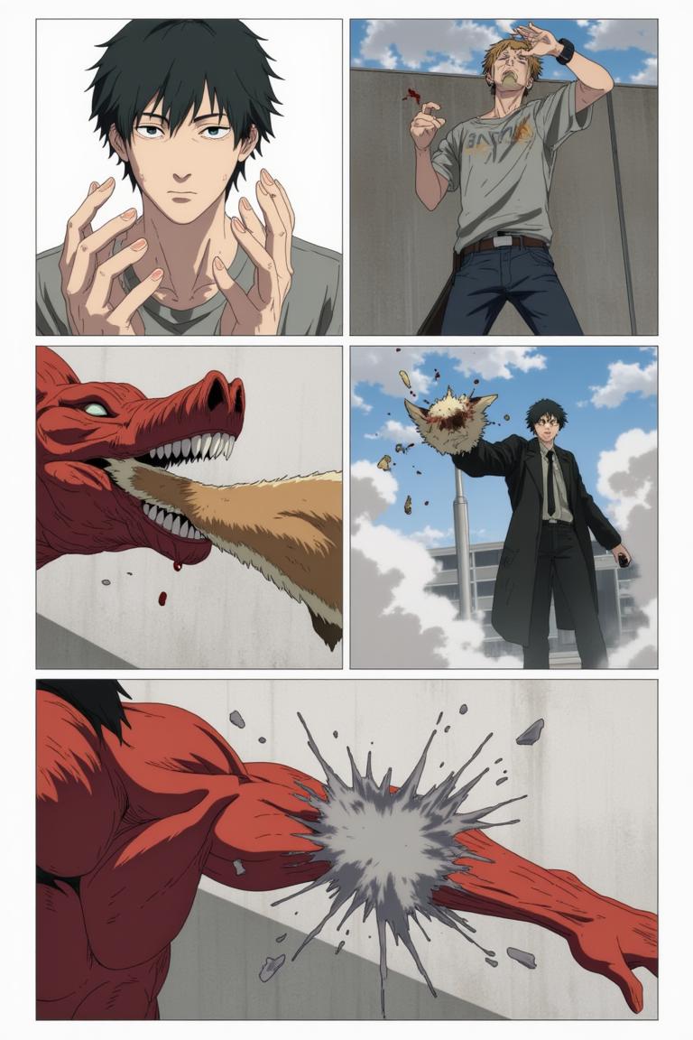 第5章:A New Assignment — Muscle Devil on Kujawano Street
Shisan, still dazed by Makima's unexpected gentleness, accepts bread and a place under her command before being fitted into a Public Safety uniform. He's assigned to Special Action 4 under Hayakawa Aki and leaps onto Aki's motorcycle to a demon assault on Kujawano Street. There, they encounter a towering Muscle Devil — a brutal chase and clash begin that forces Shisan and Aki to retreat into a ruined building as the devil pursues them. - 图片10