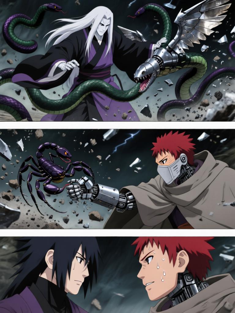 第5章:铁砂之舞与断线的假面
日向镜用轮转如意试图吸来赤砂之蝎，本以为能以此扭转劣势，结果吸来的竟是三代风影的人傀儡，查克拉线被扯断。傀儡自爆与漫天铁砂令沙场大乱，赤砂之蝎借机施展更多机关，局势危急。危急时刻，大蛇丸现身打断战局，蝎趁乱撤退，日向镜在硝烟中守住了三代风影的秘密，但新的威胁与谜题浮现。 - 图片14