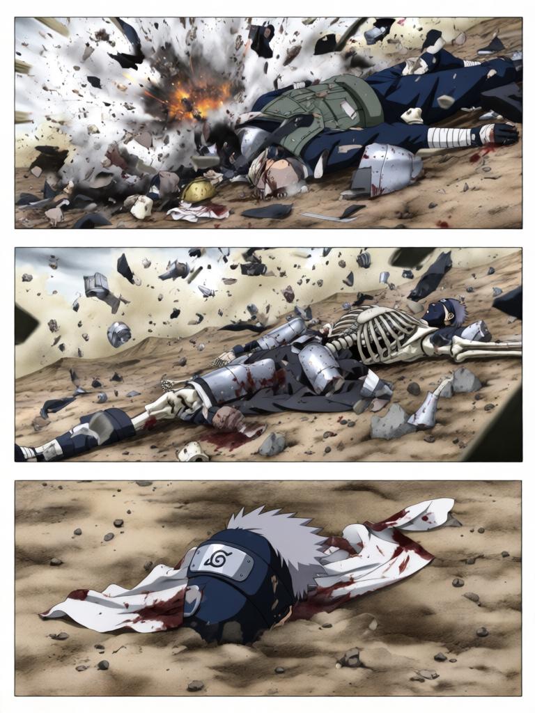 第7章:毁尸与戏码
日向镜在空中果断投掷起爆苦无，将三井中一的尸体炸得七零八落，以断绝赤砂之蝎借尸索索身份线索。回到哨所前，他将三代风影人傀儡伪装成追杀者演出受伤逃回的戏码，引出哨所内人的疑虑与恐惧。尽管暂时掩人耳目，日向镜与哨所同伴意识到更深层的威胁，怀疑有人来自根部，追击与内部裂痕的阴影尚未散去。 - 图片2