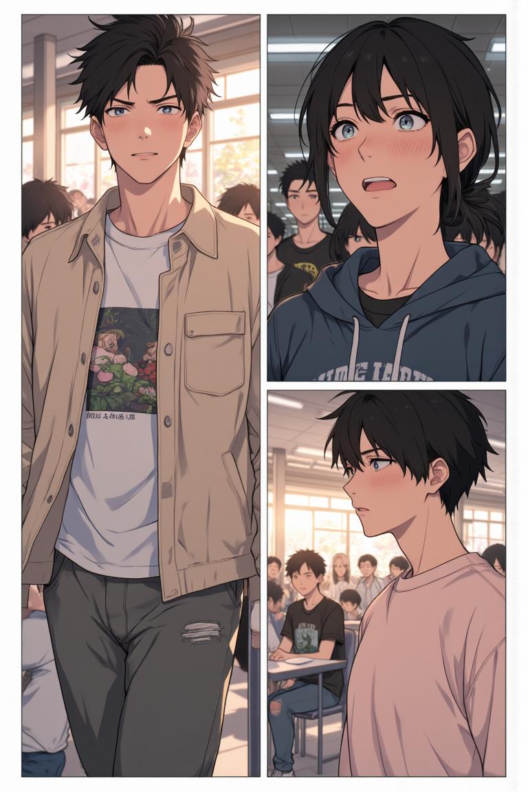 第4章:Dormroom Banter and the Unreachable Senior
After lunch, Shen Qiao politely turns down a flustered girl's flirtation, prompting playful envy from his new roommates. Over photos and teasing, the guys learn about two campus beauties — top-ranked Qin Yuwen and the legendary, aloof senior Su Baizhou — which stirs something thoughtful in Luo Ye. That evening in class, the freshman group receives military-training instructions and is unexpectedly pushed into volunteering for a temporary class monitor, leaving Luo Ye stunned. - 图片1